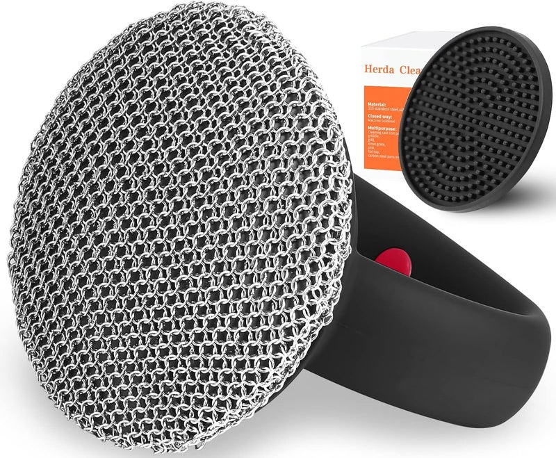 Herda Cast Iron Cleaner Scrubber+Tray with Handle, Welded Chainmail Scrubber for Pan Pot Grill Oven Wok Cleaning- Small Ring Chain Scrub Metal Scraper Brush Iron Skillet Steel Wool Scrubber Steel Sponge - Image 1